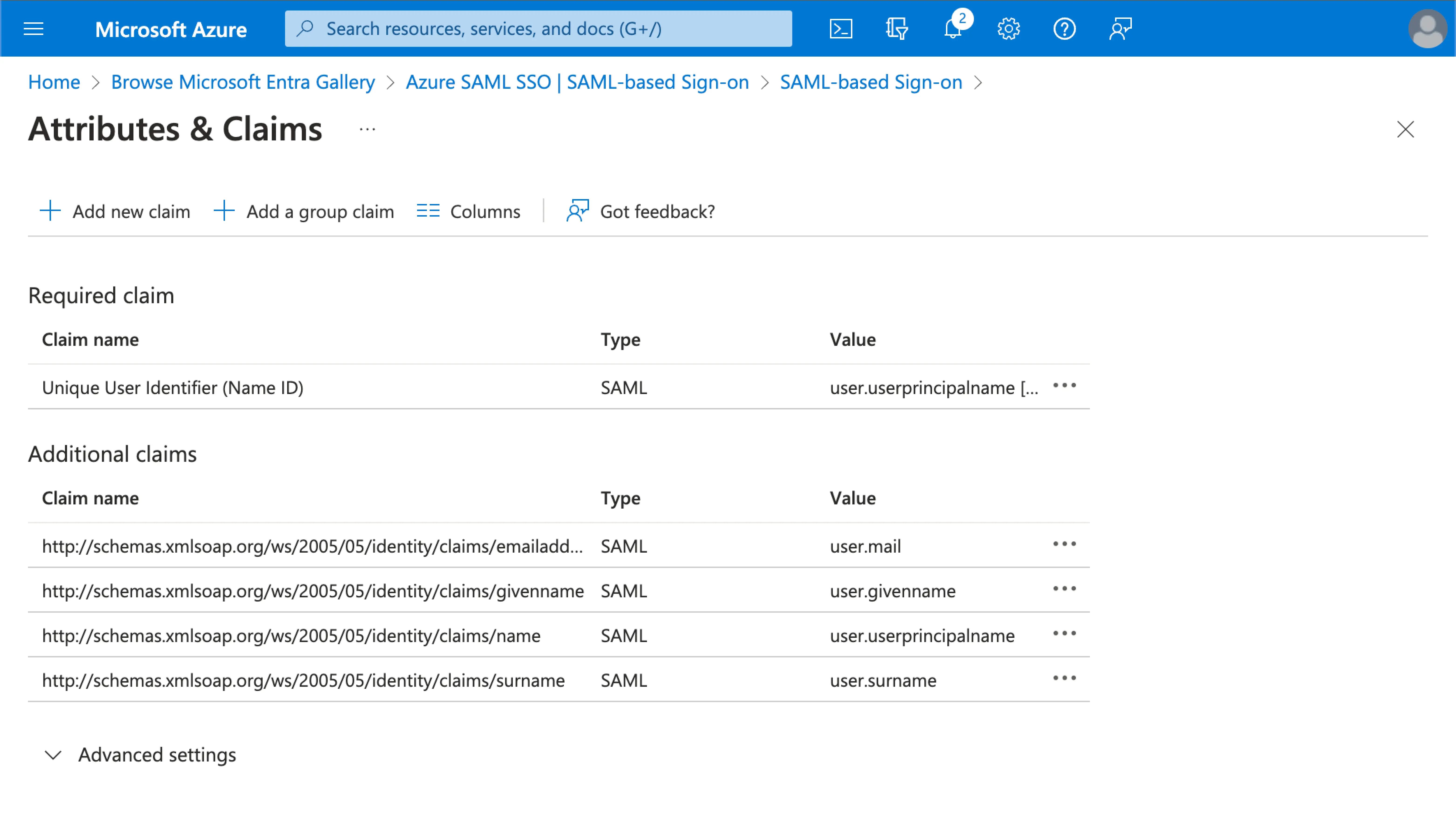 Mappage d'attributs par défaut Azure AD